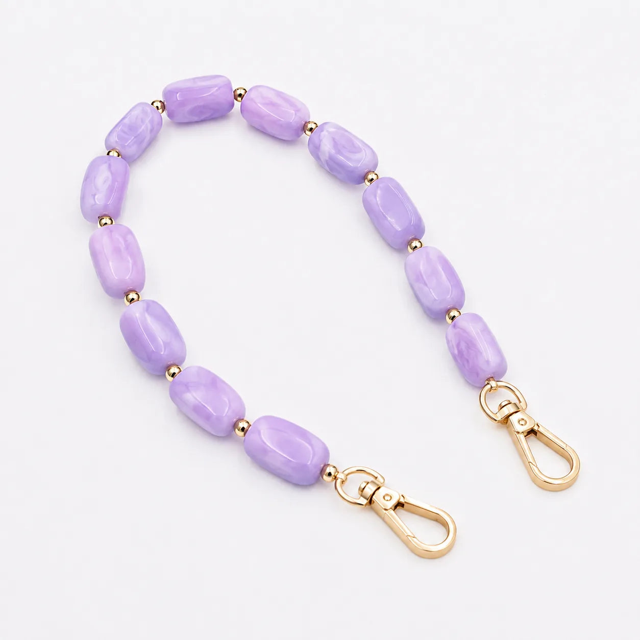 Kurze Handykette Perlen Lila — Amethyst Lavendel mit goldenen Karabinern