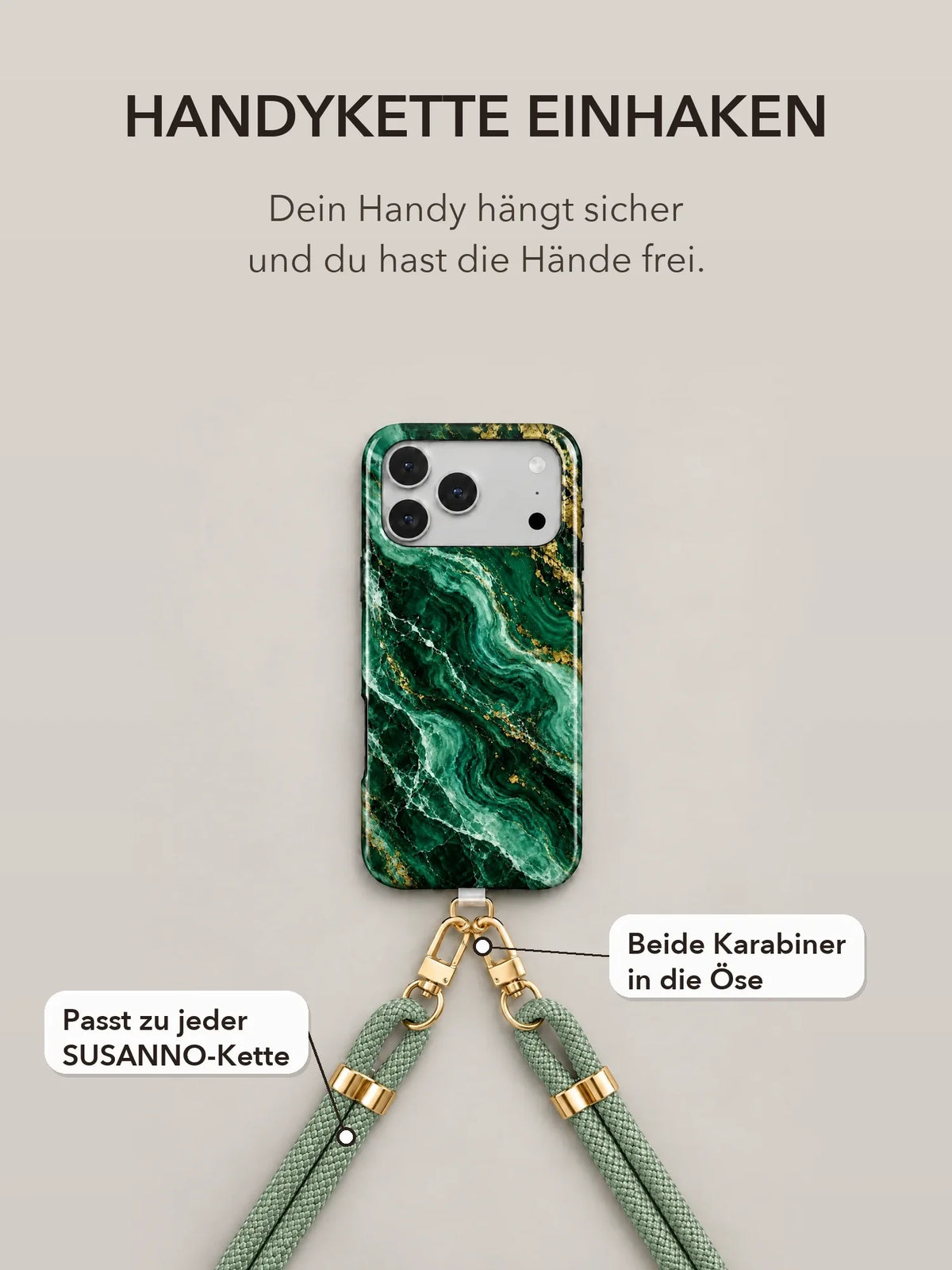 Marmor Smaragd Handyhülle mit Öse — Google Pixel 8 Pro mit Handykette und Halterung