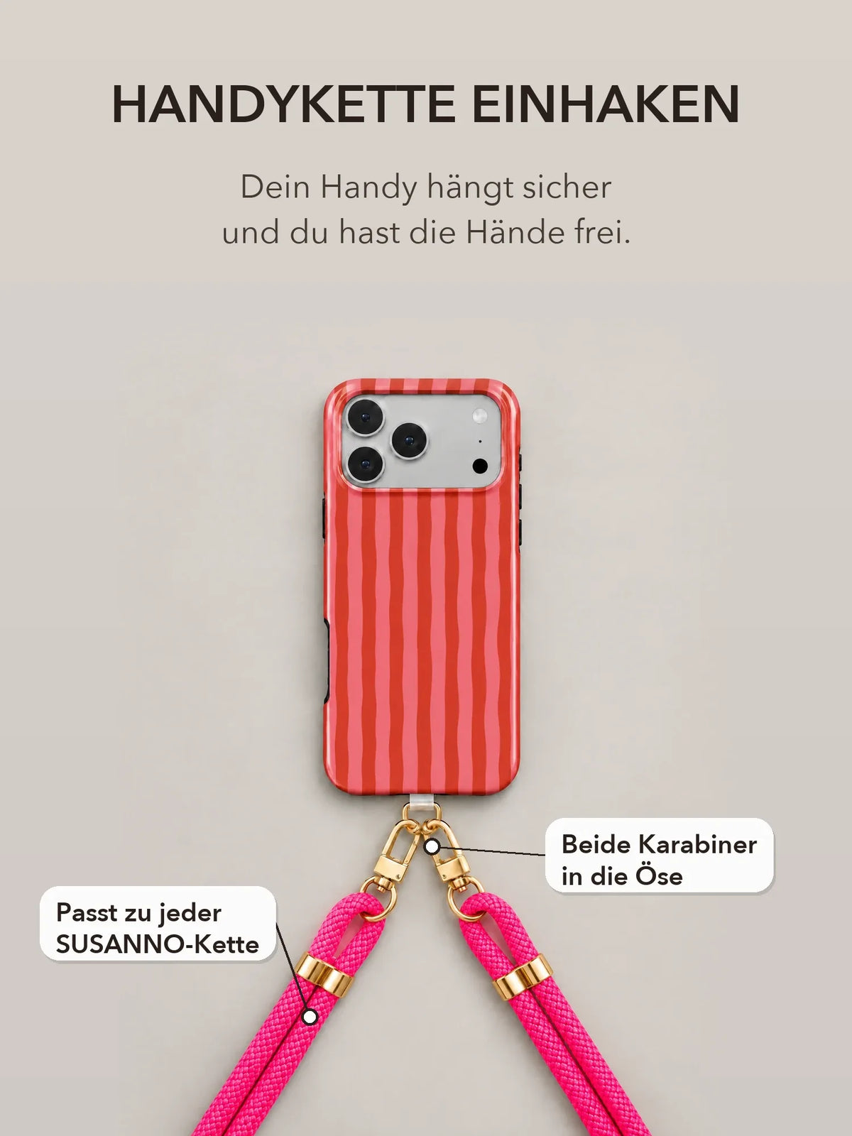 Streifen Rot-Rosa Handyhülle mit Öse — Google Pixel 8 Pro mit Handykette und Halterung