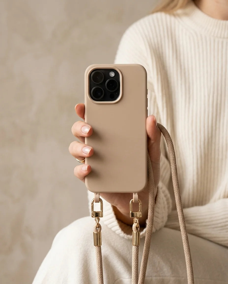 Beige MagSafe Handyhülle mit Ösen für iPhone – Silikon mit beigem Phone Strap und goldenen Karabinern