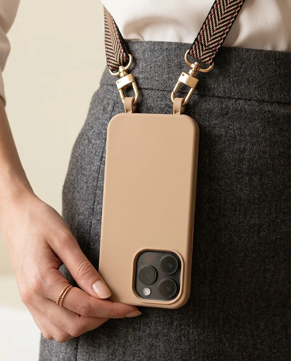 Beige Handyhülle mit Ösen für iPhone – Nude Silikon mit beiger Kordel und goldenen Karabinern (am Hals getragen)