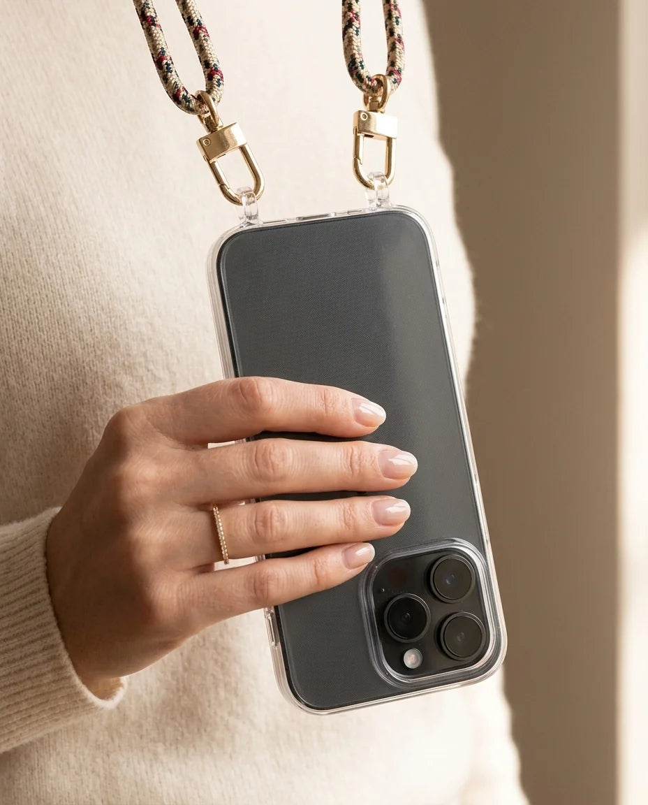 MagSafe Clear Case mit Ösen für iPhone – Transparent Silikon mit goldenen Karabinern, schwarzes Titanium iPhone sichtbar