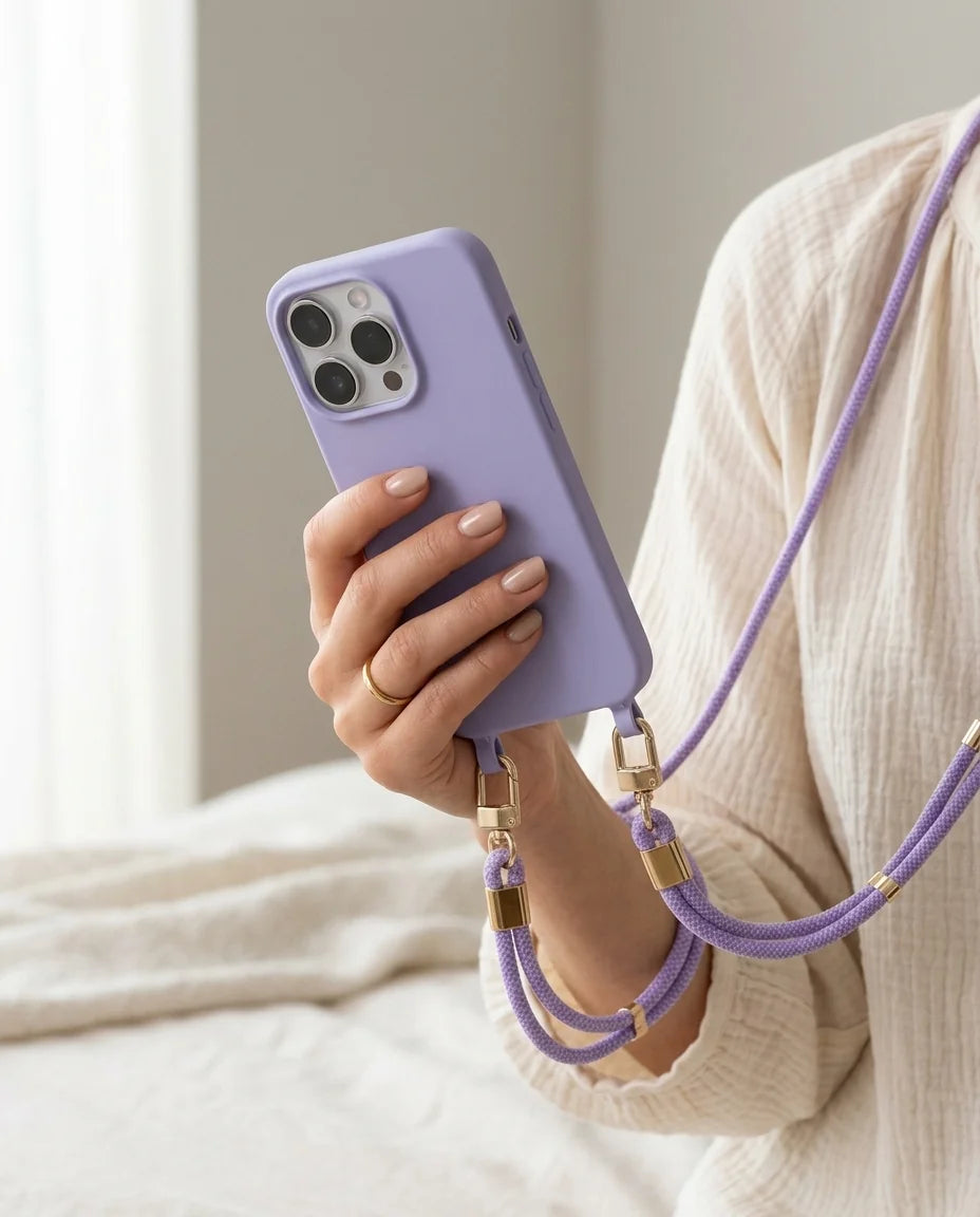 Lilac MagSafe Handyhülle mit Ösen für iPhone – Lavendel Silikon mit Lila Kordel und goldenen Karabinern