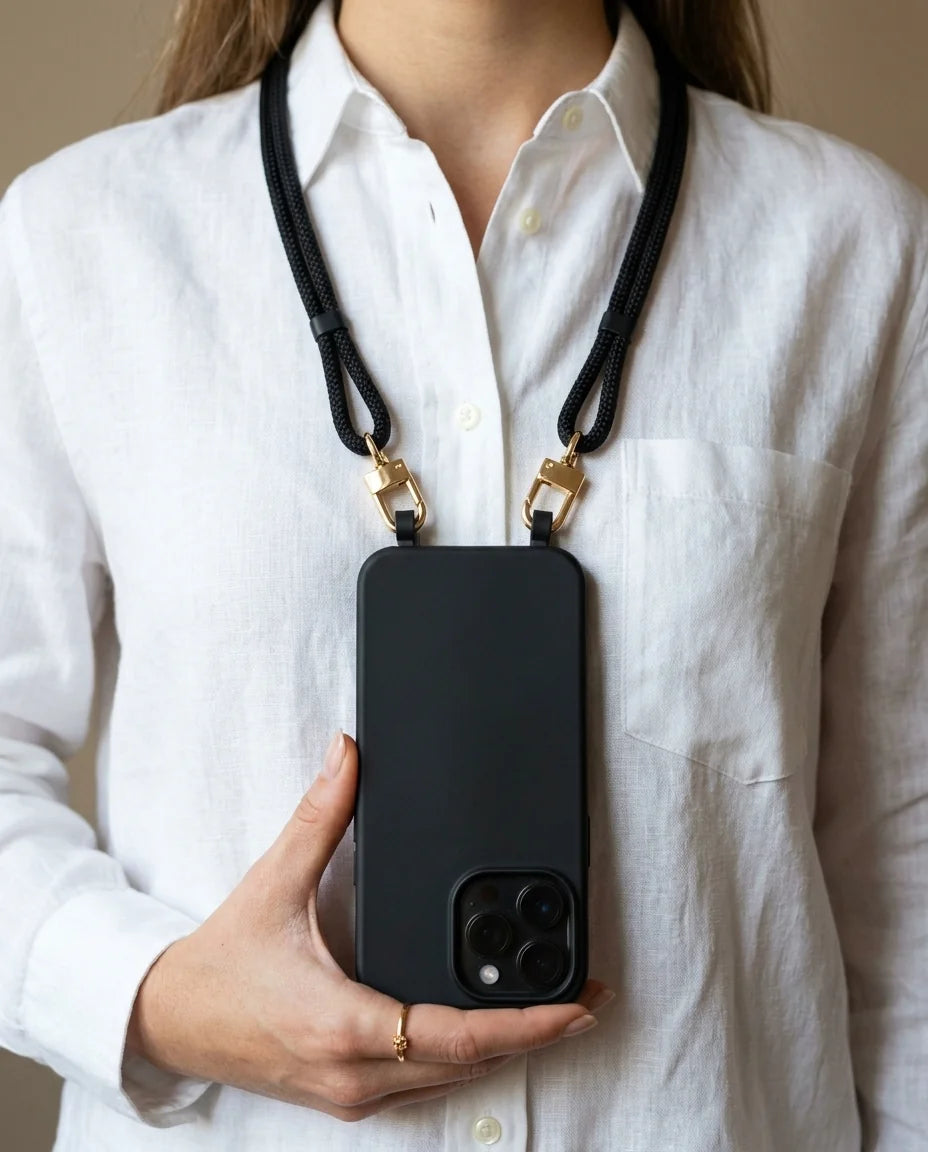 Onyx Handyhülle mit Ösen für iPhone – Schwarz Silikon mit schwarzer Kordel und goldenen Karabinern (am Hals getragen)