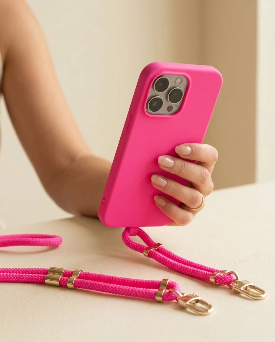 Power Pink Handyhülle mit Ösen für iPhone – Magenta Silikon mit Pink Kordel und goldenen Karabinern