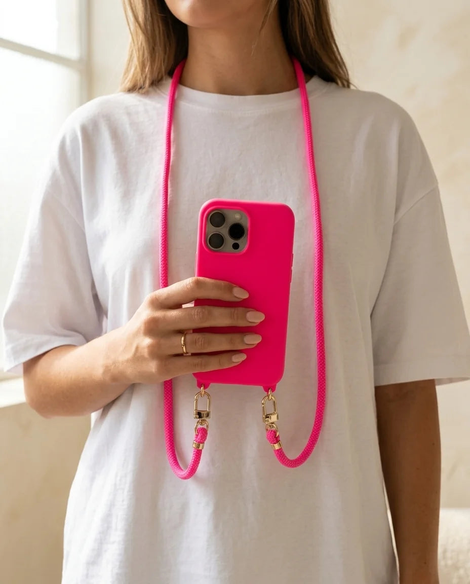 Power Pink Handyhülle mit Ösen für iPhone – Magenta Silikon mit Pink Kordel und goldenen Karabinern (am Hals getragen)