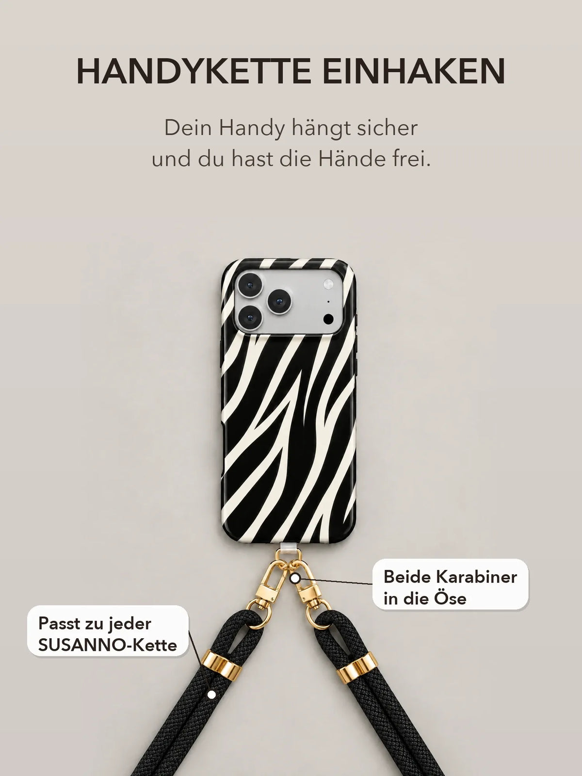 Zebra Handyhülle mit Öse — Google Pixel 8a mit Handykette und Halterung